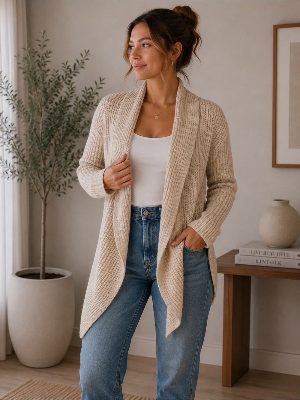 Coldwater Creek Beige Open Front Cardigan Size M Neutral Minimalist Classic Knit